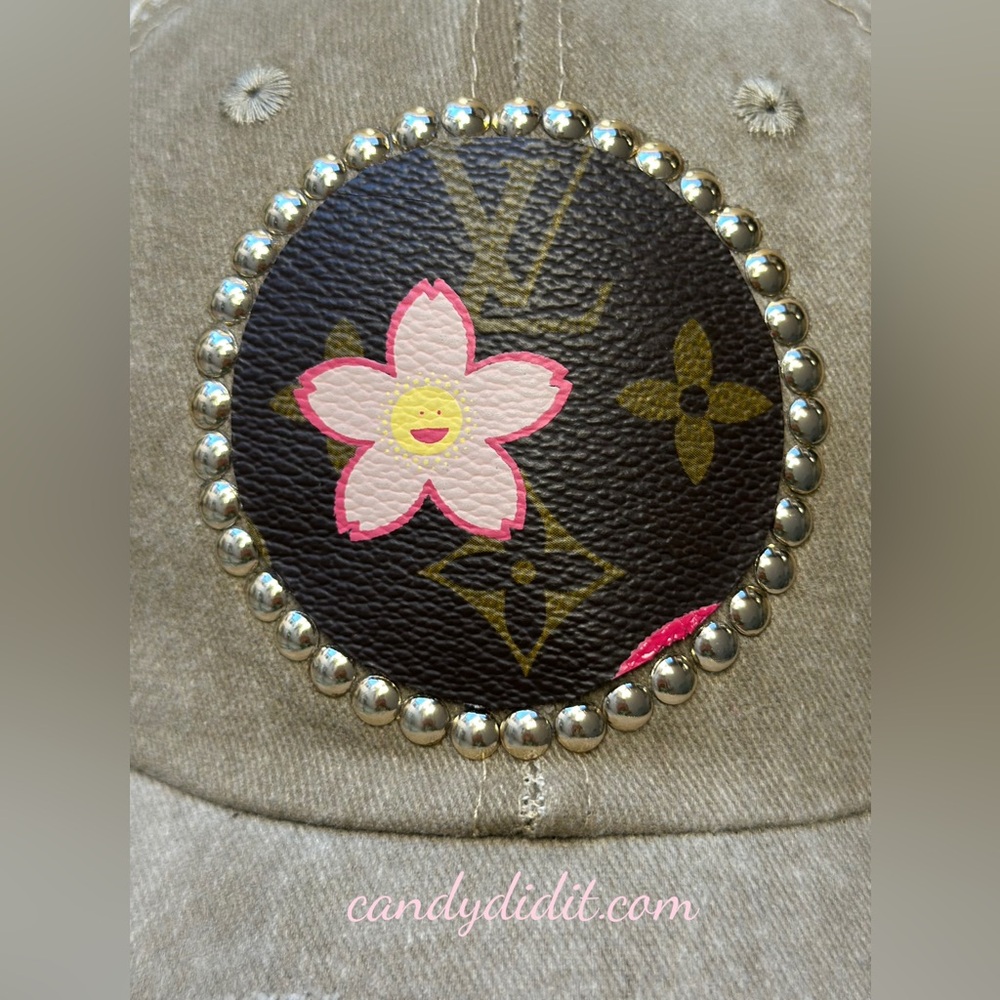 Unique Handmade Cherry Blossom Distressed Studded LV Tan Ball Cap - Picture 3 of 11